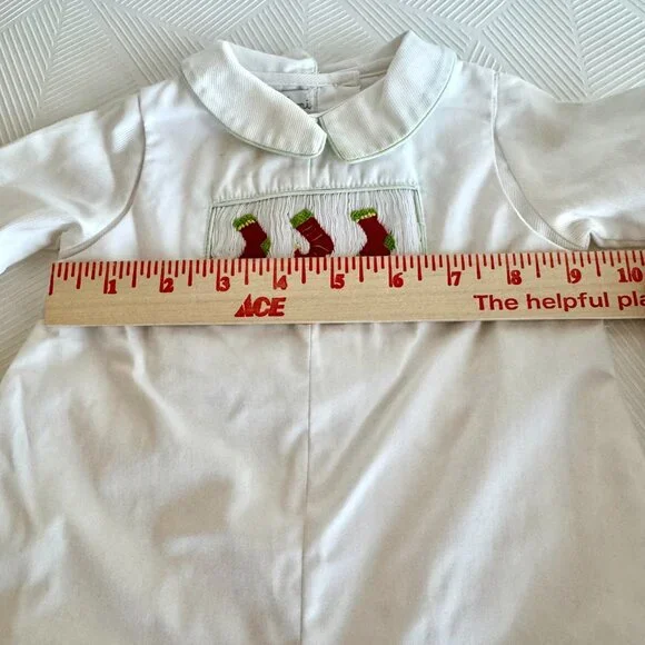 Petit Ami Christmas Smocked Romper 6 Months White Holiday Outfit Stockings - Picture 8 of 11